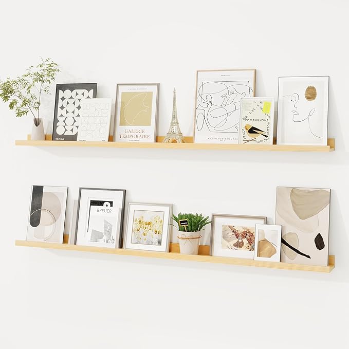 Picture Ledge Shelf, Floating Shelves Set of 2, 48 Inches Solid Wood Nursery Book Shelves for Toys Storage, Kids Bookshelf Wall Mounted for Living Room Bedroom Decor Books Photo Frames, Natural