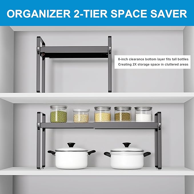 Expandable Cabinet Shelf Organizer 14-25 Inch Adjustable Length, 9" Wide 2-Tier (8" Bottom Layer) Metal Storage Rack for Kitchen Pantry, Under Sink Countertop - Heavy Duty Black(2 Pack)
