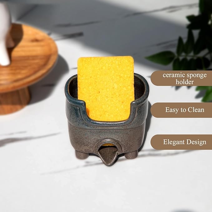 Ceramic Sponge Holder with Drainage, Farmhouse Sink Caddy Organizer, Self Draining Design for Sponges,Soap,Brushes, Compact Rustic Kitchen Accessory, Keeps Counter Dry（Country Blue）
