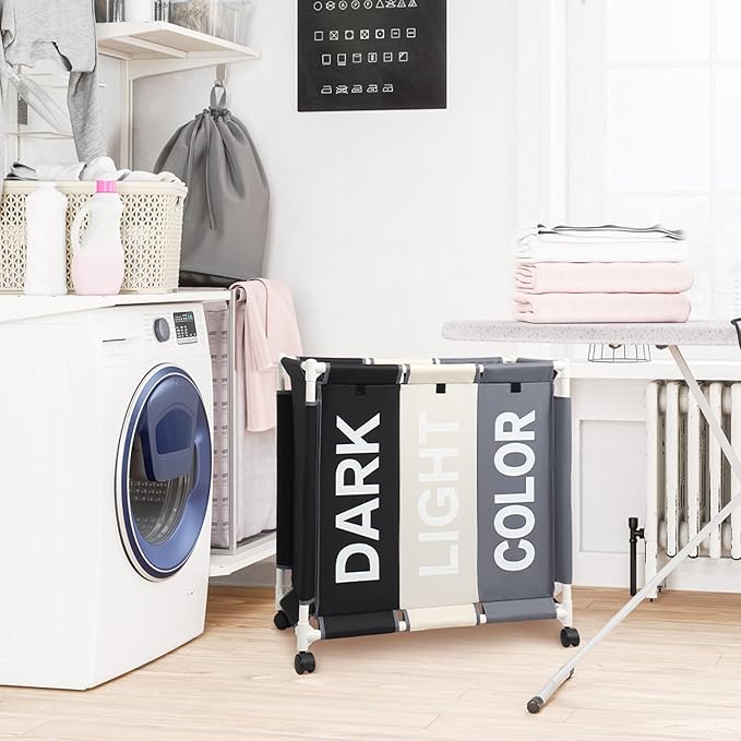 Laundry Basket 3 Section Freestanding Laundry Hamper Dirty Clothes Basket Sorter with Lid and Rolling Wheel, White+Dark+Grey