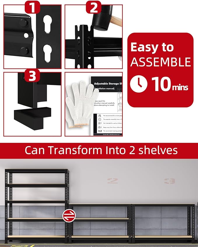 PrimeZone 36" x 16" x 72" Heavy Duty Storage Shelves - 5 Tier Adjustable Garage Storage Shelving, Metal Storage Utility Rack Shelf Unit for Warehouse Pantry Closet Kitchen, Black, 4 Pack