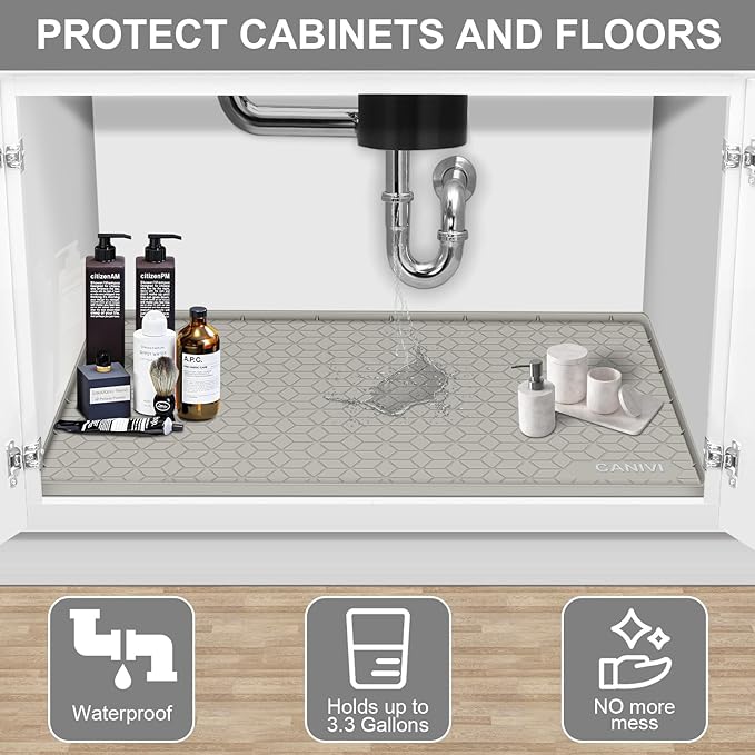 Under Sink Mat, 34" x 22" Waterproof Silicone Under Sink Tray for Kitchen & Laundry Cabinets, Kitchen Cabinet Shelf Protector, Up to 3.3 Gallons Liquid, Fits 36 inch Standard Cabinet(Grey)