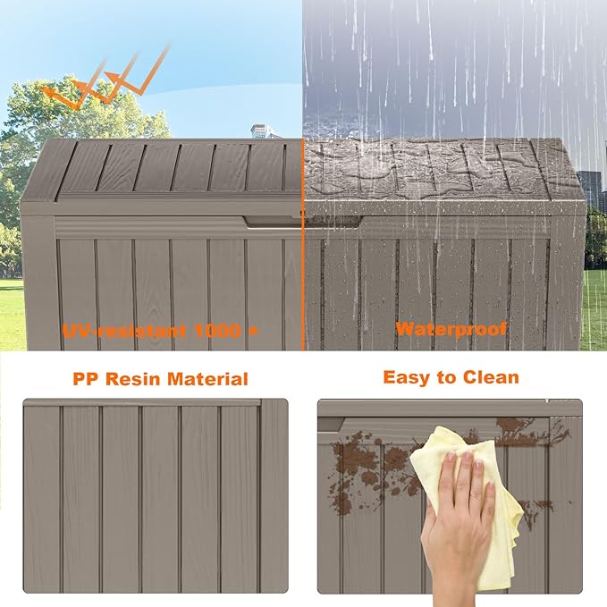 86 Gallon Outdoor Deck Box,Storage Lockable Waterproof Patio Furniture,Garden Tools,Cushions,Pool Accessories Outside Storage Resin Box(Grey)