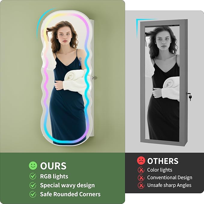 HNEBC LED Mirror Jewelry Cabinet with RGB Lights,42.5" Wall Mounted Jewelry Organizer with Full-Length Mirror,Over The Door Hanging Jewelry Armoire Storage Cabinet,Lockable,Wide Wavy Mirror