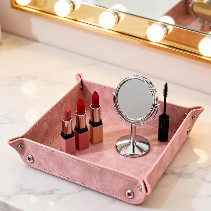 siduater Valet Tray Desktop Storage Organizer – Vegan Leather Catchall Bedside Vanity Tray Nightstand Caddy Holder for Remote Controller, Watch, Keys, Phone, Wallet, Coin, Jewelry, Stone Pink
