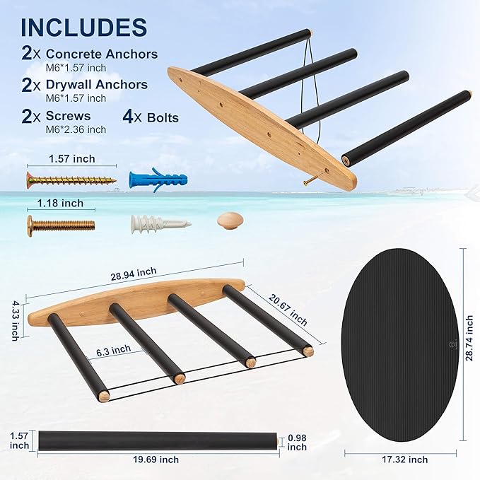 Hang 11 Vertical Surfboard Rack - Surf Racks for Wall, Sustainable Hardwood Surf Board Holder with Rubber Mat, Surfboard Wall Mount, Paddle Board & SUP Garage Storage (4 arms / 3-4 boards)