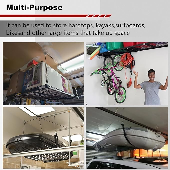Overhead Garage Storage Lift Hoist, Heavy-Duty Ceiling Mounted Garage Storage Lift System for Organization - Supports 8-16ft Ceilings