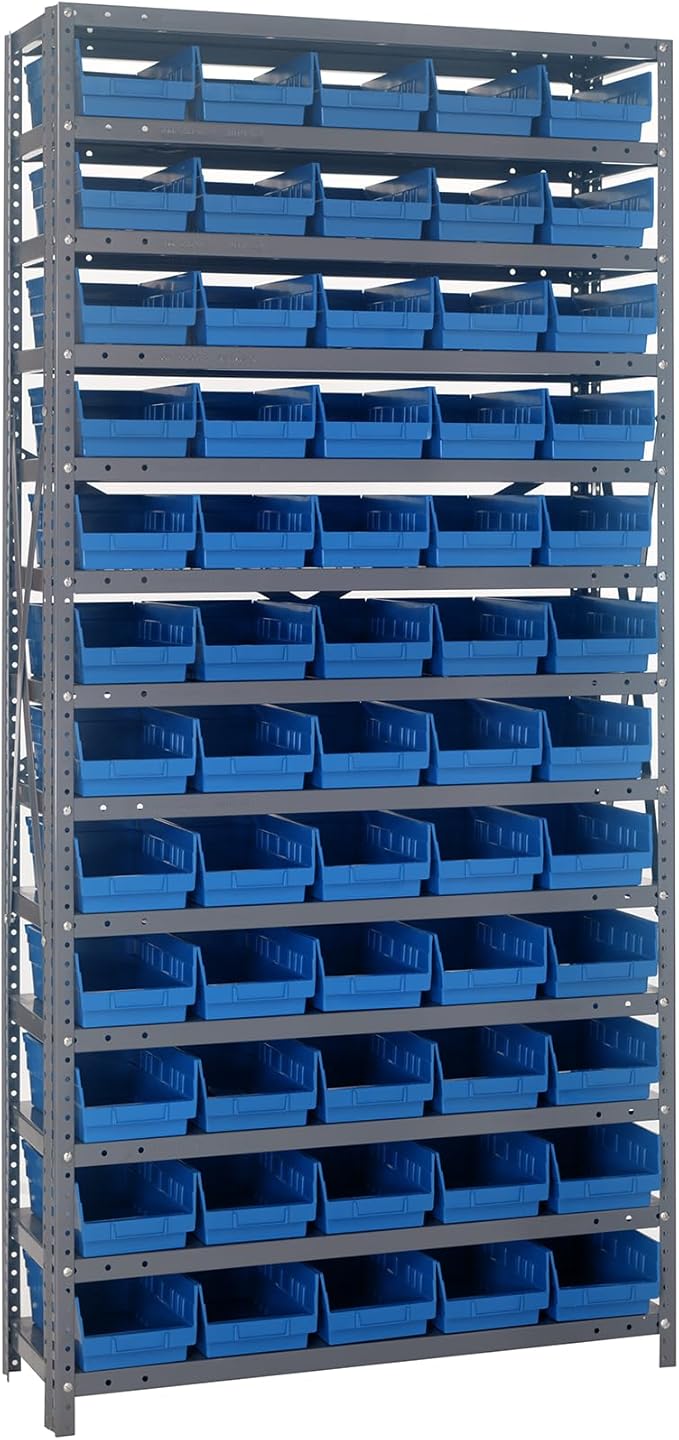 Quantum Storage Systems 1875-104BL Steel Shelving Unit with 4' Shelf Bins, 18' D x 36' W x 75' H, Blue