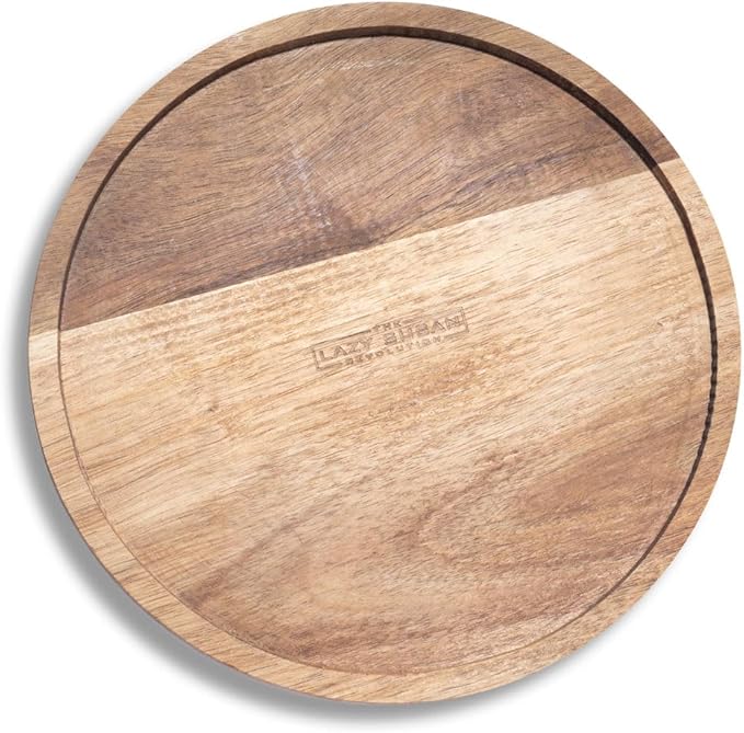 9" Acacia Wood Lazy Susan Revolution Turntable w/Rim – Rotating Tabletop Organizer for Spices, Kitchen, Counter or Pantry, 360° Turnable, Rustic Look