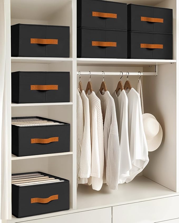 Closet Organizers and Storage - Fabric Clothes Organizer with Handles, Foldable Jeans Organizer for Clothes, Drawer Organizer for Shirts, Bra, Sweater, Scarf, 8 Pack, Black
