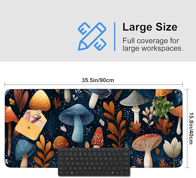 Mushroom Forest Mouse Pad – Large Extended Desk Mat 35.43 x 15.75 in – Autumn Woodland Fungi Illustration, Waterproof Surface, Non-Slip Rubber Base, Keyboard & Mouse Pad for Nature Lovers