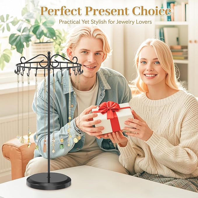 MODOWEY Rotating Necklace Holder Organizer Display Stand with 24 Hooks, Metal Spinning Tree for Long Necklace Hanger Selling, Tall Spinning Bracelet Storage Rack for Men Women Dresser, Black