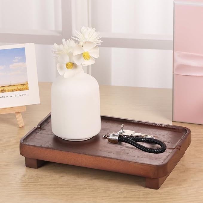Wood Riser Small Decorative Tray Sink Soap Dish, Vanity Tray Pedestal Stand 9 x 5.9 inches (Dark Brown)