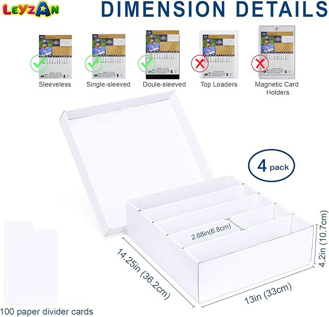 5 Row Trading Card Storage Box, 4 Pack Cardboard Storage Box with Divider for Mtg, Tcg, Sports Cards