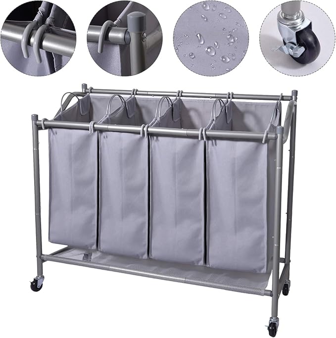 Laundry Sorter Cart 4-Bag Classics Rolling Laundry Hamper, Sturdy Frame with 60KG Weight Capacity, Gray