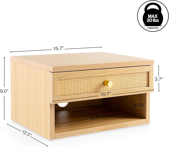 JONATHAN Y NST2000B Celerie 15.71" Mid-Century Modern Floating Wall Mounted Nightstand with Soft-Close Rattan Drawer and Cable Hole, Light Oak