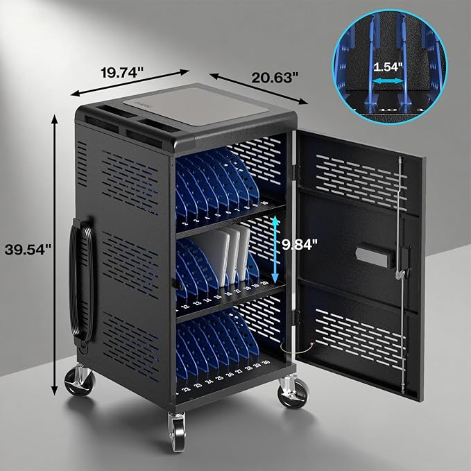 Fully Assembled 30 Unit Device Charging Station for Chromebook, iPad, 14'' Laptop - Pre Built Charging Cart with Charger Cable Management, Circuit Breaker, Grounding Protection (Black)