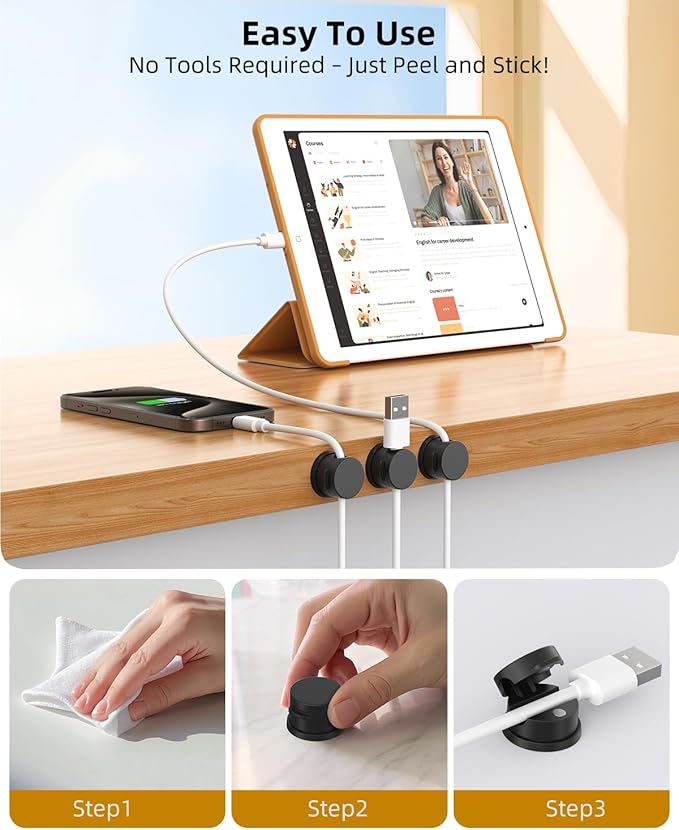 Cord Organizer, Rotatable Cable Organizer 8 Pack, No-Residue Adhesive Spring Cable Clips, Cord Holder for Nightstand, Kitchen, Office Accessories and Car (Black)