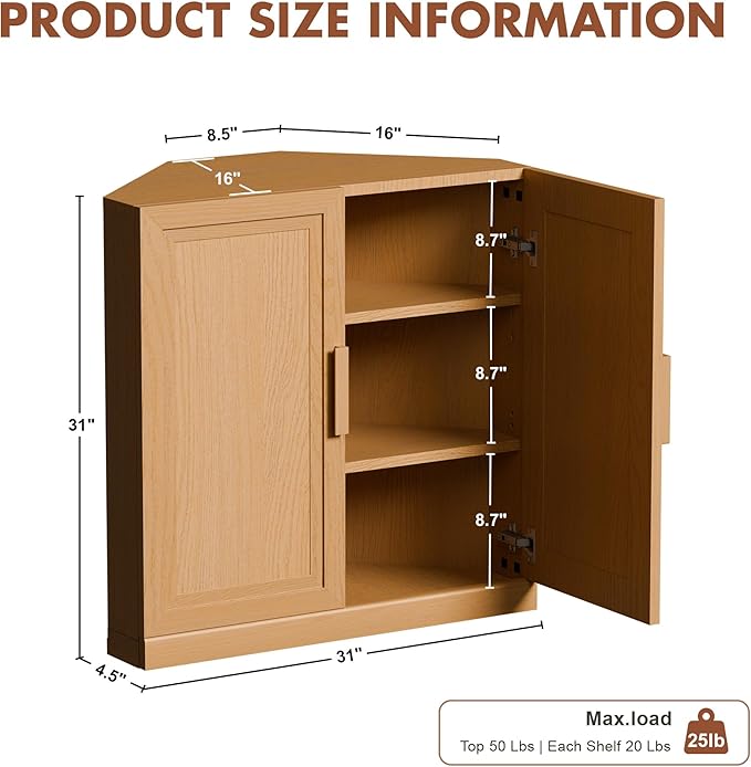 Casaphoria Farmhouse Corner Cabinet, Wooden Corner Storage Cabinet with Adjustable Shelves, Narrow Storage Organizer for Small Space, 31" H x 31" W x 16" D, 44Lb, Oak