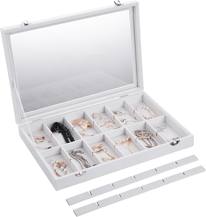 Frebeauty Velvet Jewelry Tray,24 Grid Jewelry Organizer with Clear Lid,Earring Holder Organizer with Clasp,Drawer Insert Rings Pendants Brooches,13.8 x 9.5 x 2 Inches,Gift for Women Girls(White)