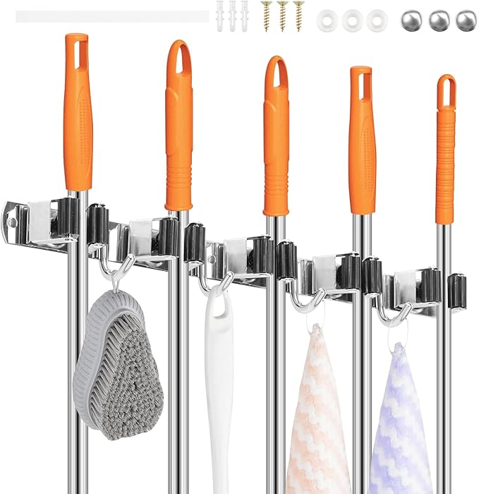 2 Pack Broom Holder Wall Mount 5 Racks 4 Hooks Stainless Steel Broom Mop Holder Anti Slip Storage Rack Strong Load Bearing Waterproof Broom and Mop Organizer Wall Hanging for Bathroom Kitchen Garage