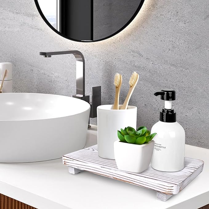 Rustic White Bathroom Counter Tray Wood Risers Display Pedestal Stand Kitchen Countertop Trays Decorative Wooden Riser Soap Dish Dispenser Holder for Bathroom Sink Accessories Kitchen Decor Tray