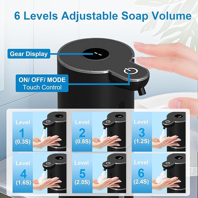 Automatic Foaming Soap Dispenser Touchless, USB Rechargeable Smart Hand Soap Dispenser, 6-Level Adjustable, 12.8oz/380mL, Compatible with Thick Thin Dish Soap for Bathroom Kitchen, Black