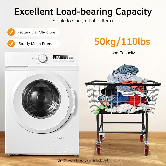 Steel Wire Laundry Cart, Wire Laundry Basket Cart with 4" Casters, Heavy Duty Commercial Rolling Laundry Basket for Clothes Storage, 26.77"D x 21.5"W x 26"H
