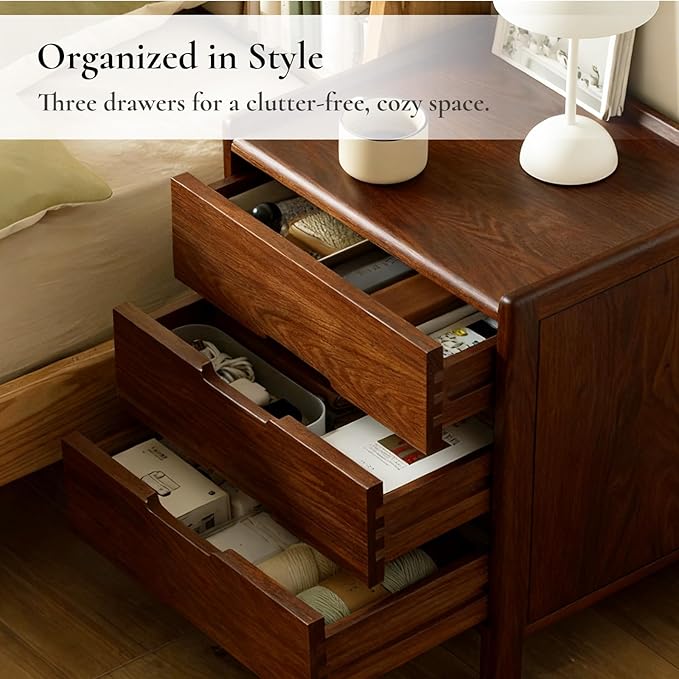 Nightstand, Solid Wood Small End Table w/3 Drawers, Modern Bedside Tables, Mid Century Night Stand, Bed Side Table, 15.75" W x 13.78" D x 21.65" H (Walnut)
