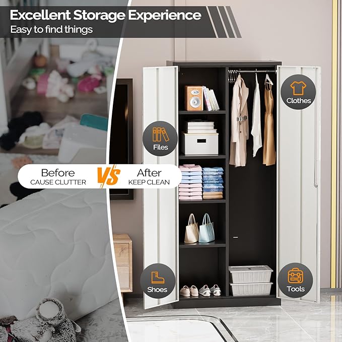 VINGLI Metal Storage Cabinet with Hanging Rod, 4 Adjustable Shelves, Lock Doors with Modern Gray Pattern Design, Armoire Wardrobe Closet Tool Functional Cabinet for Home, Office, Garage (Gray & Black)