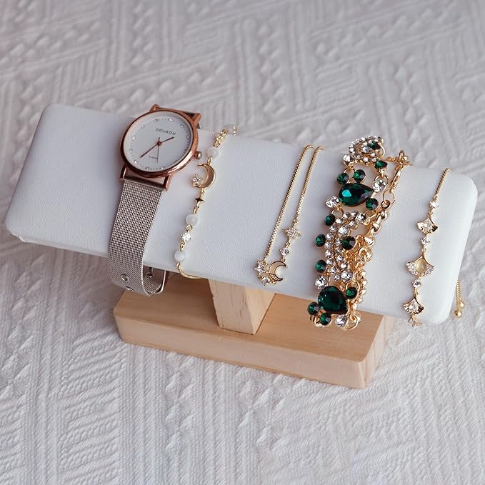 Wooden Watches Display tower Base Watch Necklace Bracelet Organizer Rack Bangle Scrunchie Headband Showcase tower (White PU, Flat single-layer)