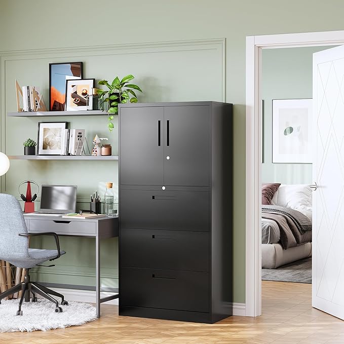 3-Drawer Metal File Cabinet, Lateral Vertical Filing Cabinets for Home Office, Locking File Cabinets with Storage Shelves, Legal/Letter/A4 Size Office File Cabinet (Black, Assemble Required)