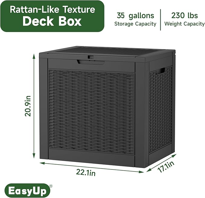 EasyUp 35 Gallon Resin Deck Box Waterproof, UV Resistant Outdoor Storage Box for Delivery, Patio, Garden,and Porch,Rattan Black