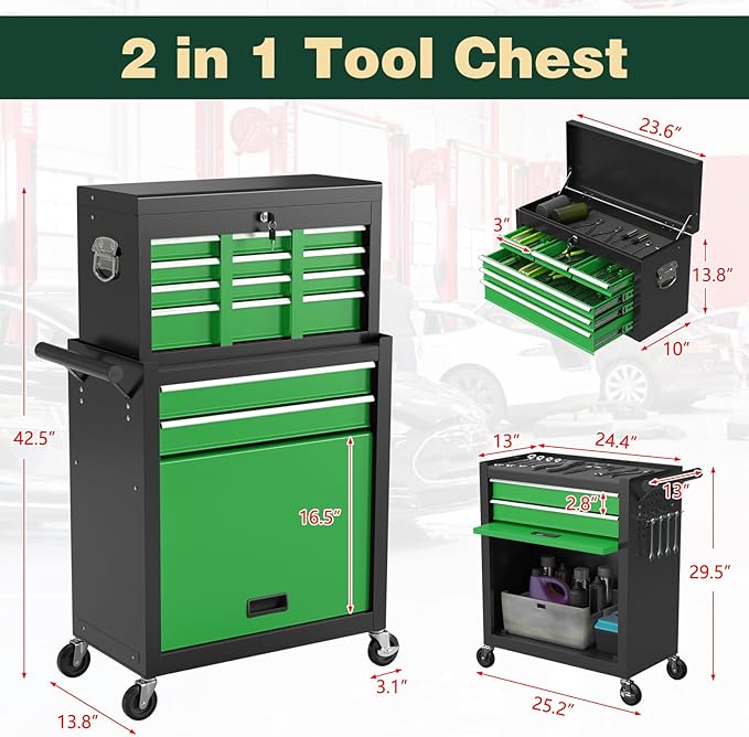 8-Drawer Heavy Duty Tool Chest with Wheels - Industrial Rolling Tool Box, Lockable Drawers & Smooth Glide System for Mechanics, Garage, Auto Repair Shop(GreenBlack)