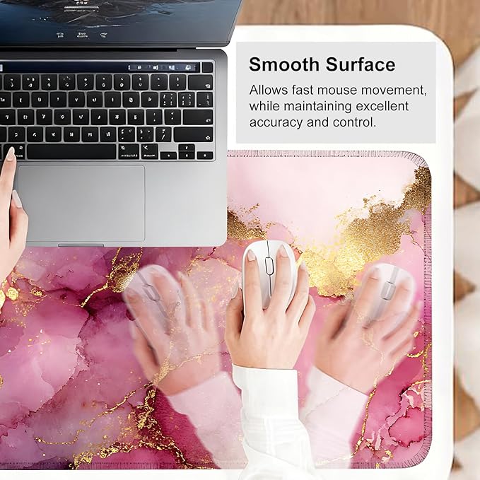 Pink Marble Ink Mouse Pad – Large Extended Desk Mat 31.5 x 11.8 in– Elegant Watercolor Gold Foil Design, Waterproof Surface, Non-Slip Rubber Base, Keyboard & Mouse Pad for Office or Gaming
