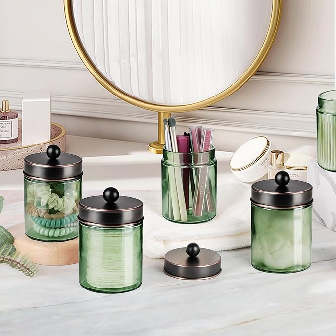 Amolliar Sage Green Qtip Holder, Glass Apothecary Jar Metal Lid & Stickers, Bathroom Qtip Holder Storage Canister, Farmhouse Decor for Cotton Balls, Swabs, Makeup Pads, Bath Salt, Floss, ORB 4 Pack