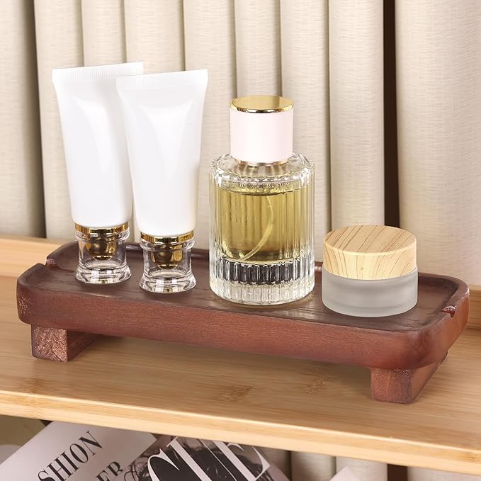 Wood Riser Small Decorative Tray Sink Soap Dish, Vanity Tray Pedestal Stand 8.7 x 3.6 inches (Dark Brown)