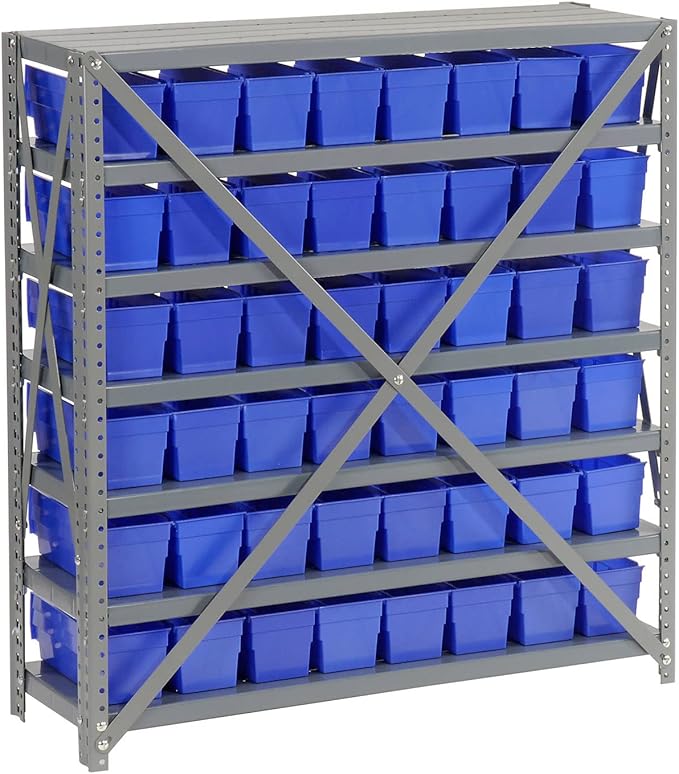 Global Industrial 7 Shelf Steel Shelving with (48) 4" H Plastic Shelf Bins, Blue, 36" W x 12" D x 39" H, Single-Sided Open Shelving with 48 Plastic Shelf Bins