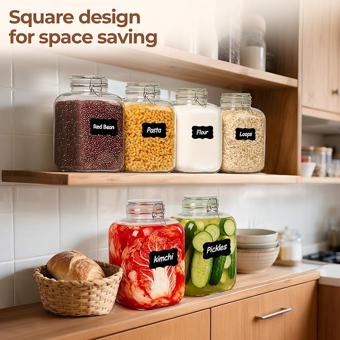 ComSaf Rice Container 5L, Flour Sugar Storage Containers, Glass Jars with Airtight Lid, 1.3 Gallon Mason Jar, Large Storage Containers with Lids for Pickled Egg, Pasta, Cereal, Beans, Set of 2