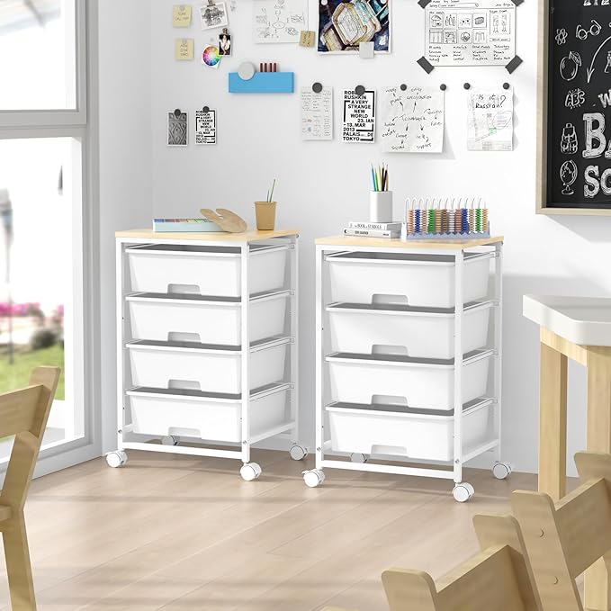 Utility Cart with 4 Drawers, Multipurpose Rolling Storage Cart with 4 Drawers and 2 Lockable Wheels, 4-Tier Rolling Storage Cart Organizer for Home Office Dorm, Bright White