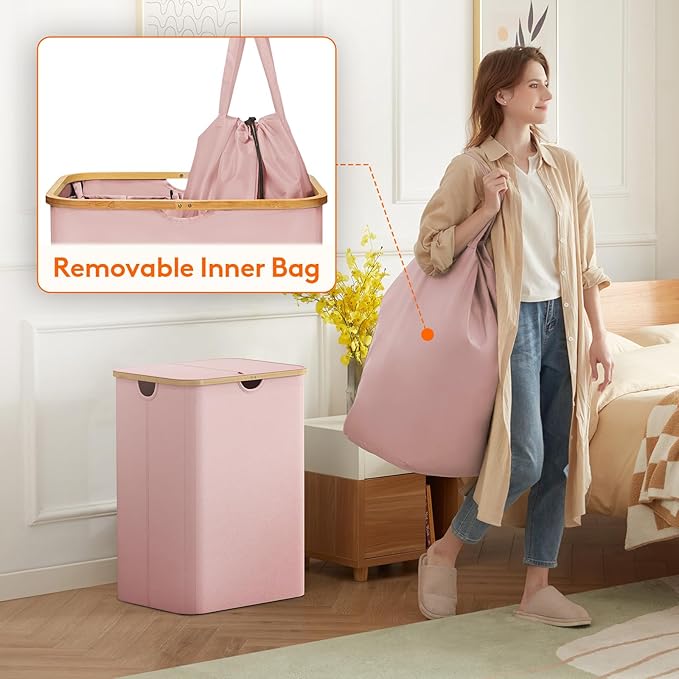 Lifewit 150L Laundry Basket with Lid, Clothes Hampers for Laundry with Bamboo Handles and 2 Removable Bags, Large Foldable Laundry Hamper for Bedroom, Bathroom, Dorm, Pink