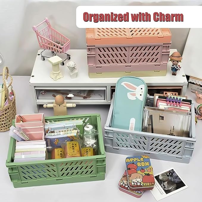 Small Pastel Plastic Storage Bins 2Pcs Foldable Pastel Crates Plastic Basket Colorful Storage Containers Baskets for Classroom Kitchen Office Bedroom Desktop Home Decor (Blue 5.8" x 3.8" x 2.2")