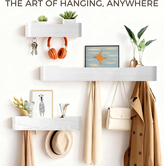 Wall Coat Rack Floating Shelves Modern Coat Rack Wall Mount with Storage Entryway Shelf Wooden Hanger 20 Inch 4 Hidden Metal Hooks for Living Room Bedroom (White, 5 Hooks)