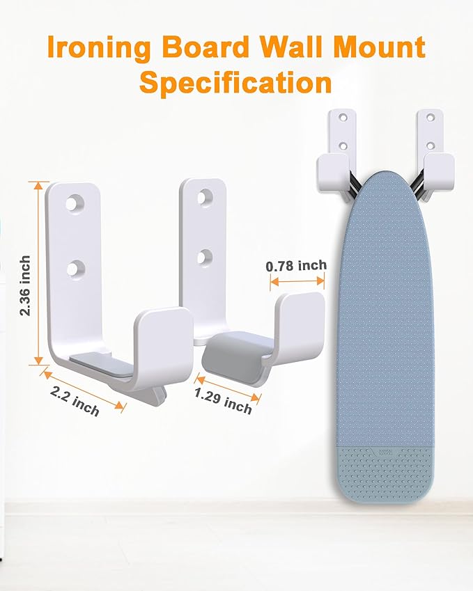 2PCS Ironing Board Holder Wall Mount White, Stainless Steel Ironing Board Hanger for Laundry Room, Adjustable Distance Holder Hook