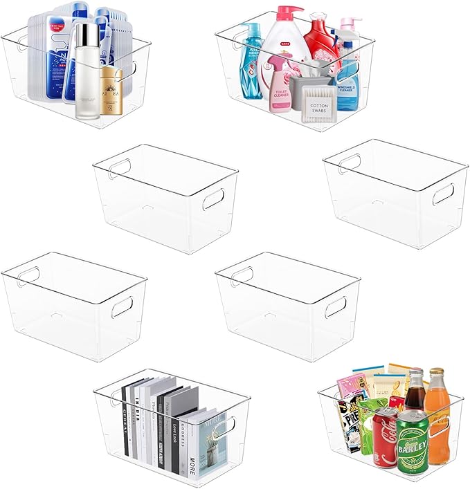 MOONEDGE 8 Pack Clear Plastic Storage Bins, 11"x8"x6" Food-Grade Pantry Storage Containers for Kitchen, Fridge & Freezer, Versatile Organizer Bins for Bathroom, Closet, Shelves & Home Organization