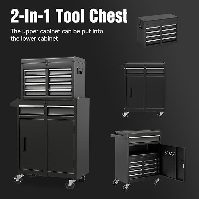 5-Drawer Rolling Tool Storage Chest Cabinet with Detachable Top Tool Box, Liner, Universal Lockable Wheels,37.6"x 20.7"x 11" Expandable, Locking Mechanism, Metal Tool Cart for Garage Workshop