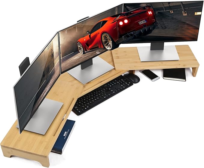 Nnewvante Monitor Stand Riser, 60 inch Large Bamboo Dual Monitor Stand for Desk, 3 Shelves Desktop Screen Riser with Adjustable Length Angle for Computer Laptop PC