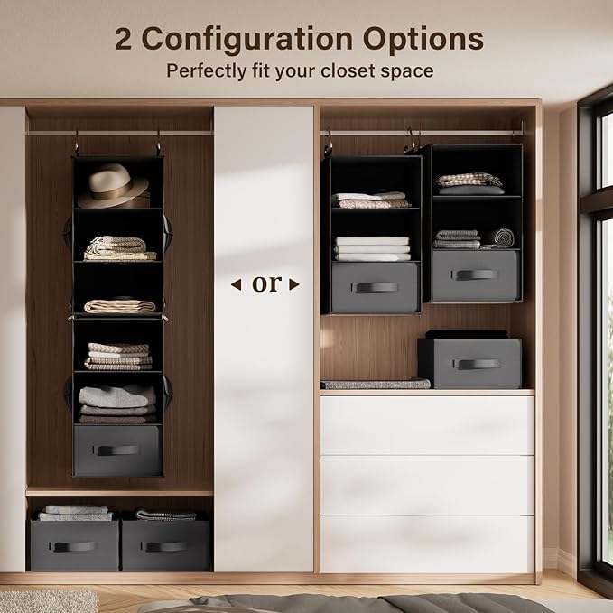 Pipishell 6-Shelf Hanging Closet Organizer, Hanging Shelves with 2 Separable 3-Tier Shelves, Closet Shelves Organizer with 3 Removable Drawers for Wardrobe, Nursery, Baby Clothes, Black
