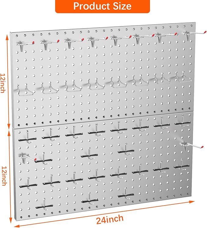 TORACK Metal Pegboard Wall Tool Organizer 24" x 24" or 12" x 48", 70 PCS Tools Storage Pegboard for Garage Peg Board Tool Organizer Board with Hooks for Workbench(Grey)