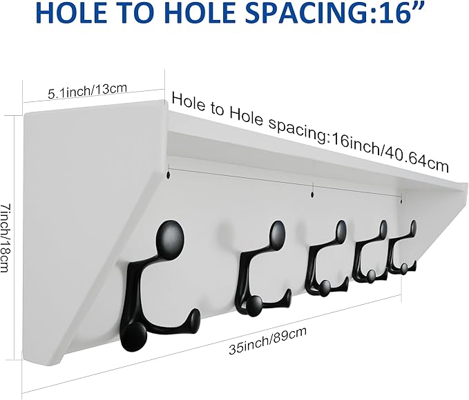 WEBI Wall Shelf with Hooks Underneath,35” Long Wall Mounted Coat Rack with Shelf,Entryway Coat Rack with 5 Triple Hooks for Hanging Coats,Jacket,Hallway,Bedroom,Mudroom,White